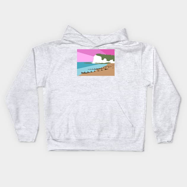 St Margaret’s Bay Beach and White Cliffs, Dover, Kent, Pink Sunset Kids Hoodie by OneThreeSix